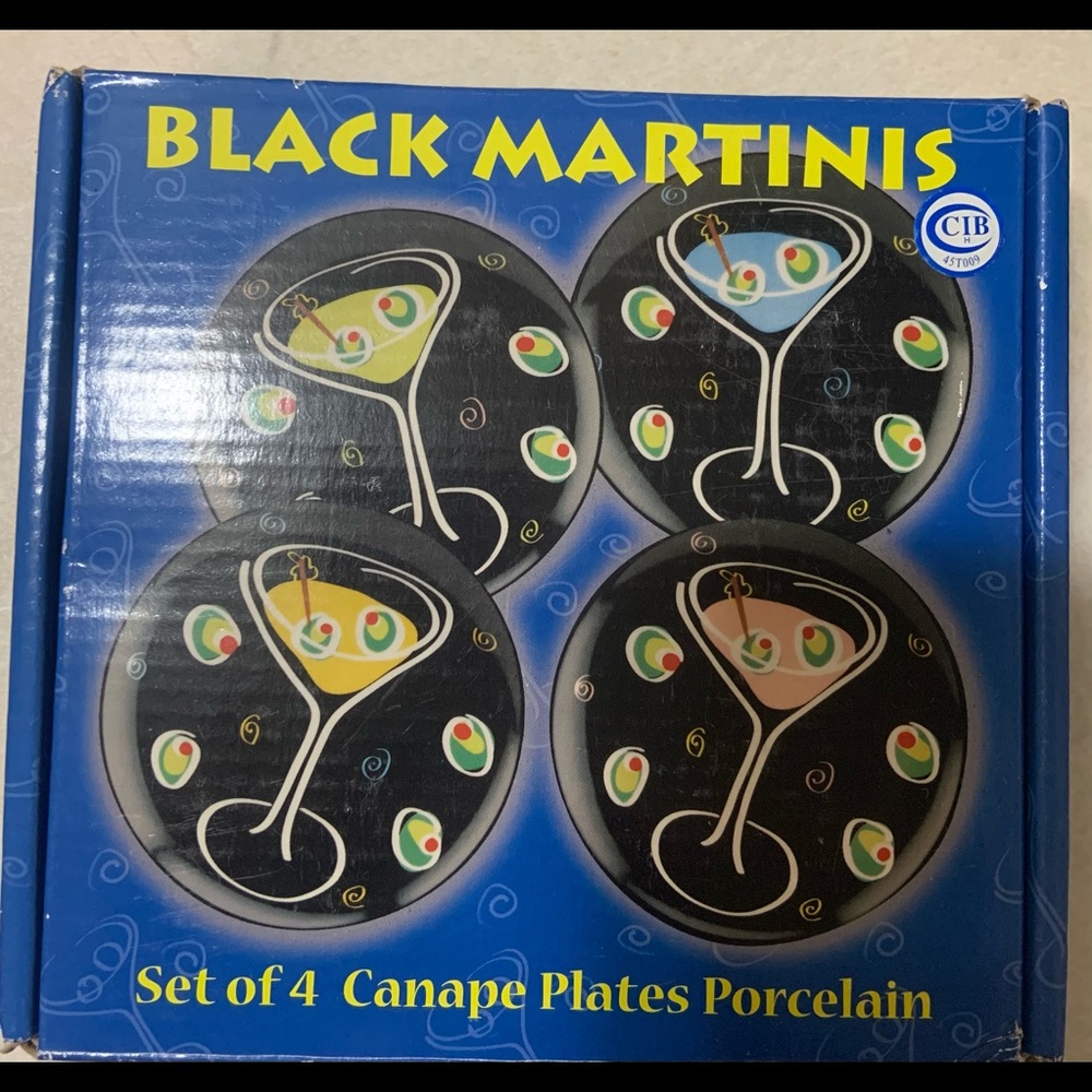 Black Martini Canapé Dessert Plates Set of 4 NIB